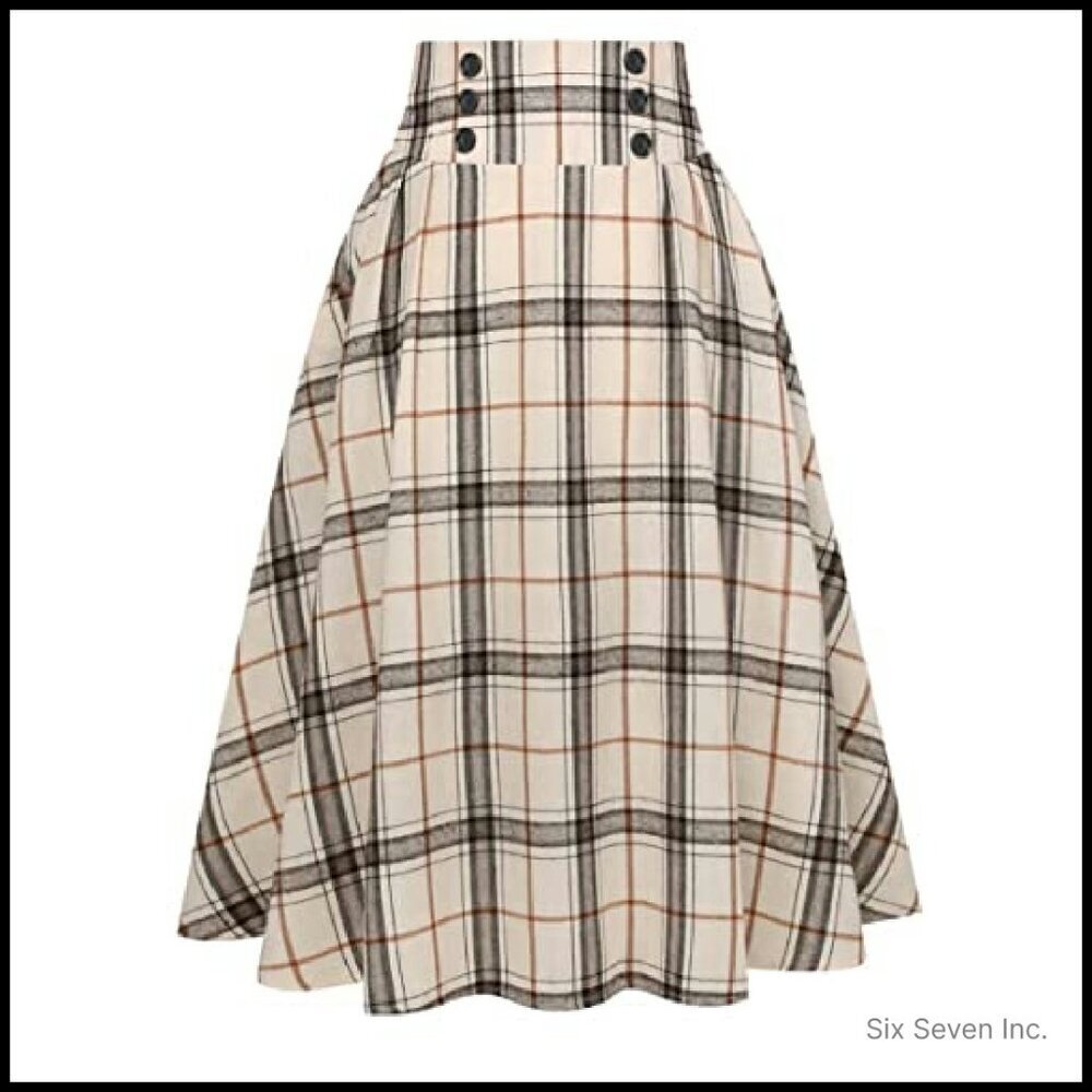 Plaid Midi Skirt High Waist A-Line Pleated Vintage Y2K Chic Casual - Picture 2 of 8